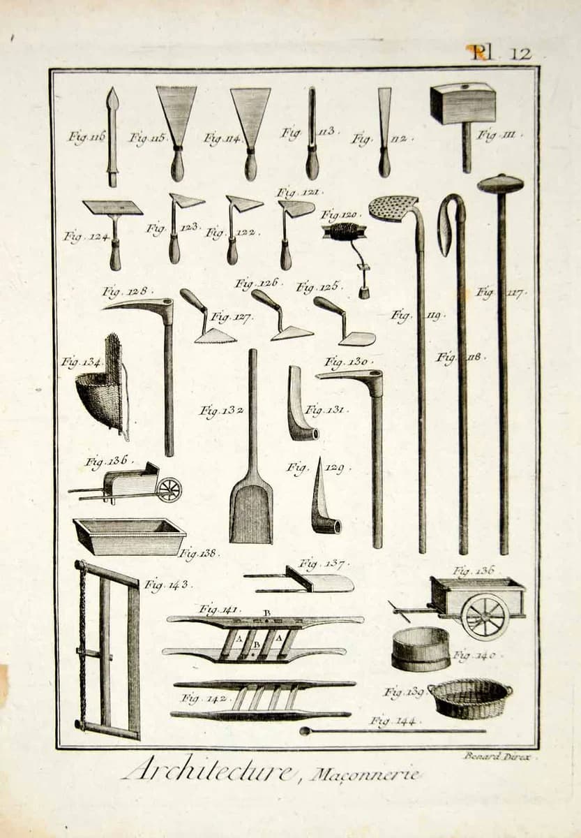 Traditional stonemason tools: chisels, mallets, and squares.